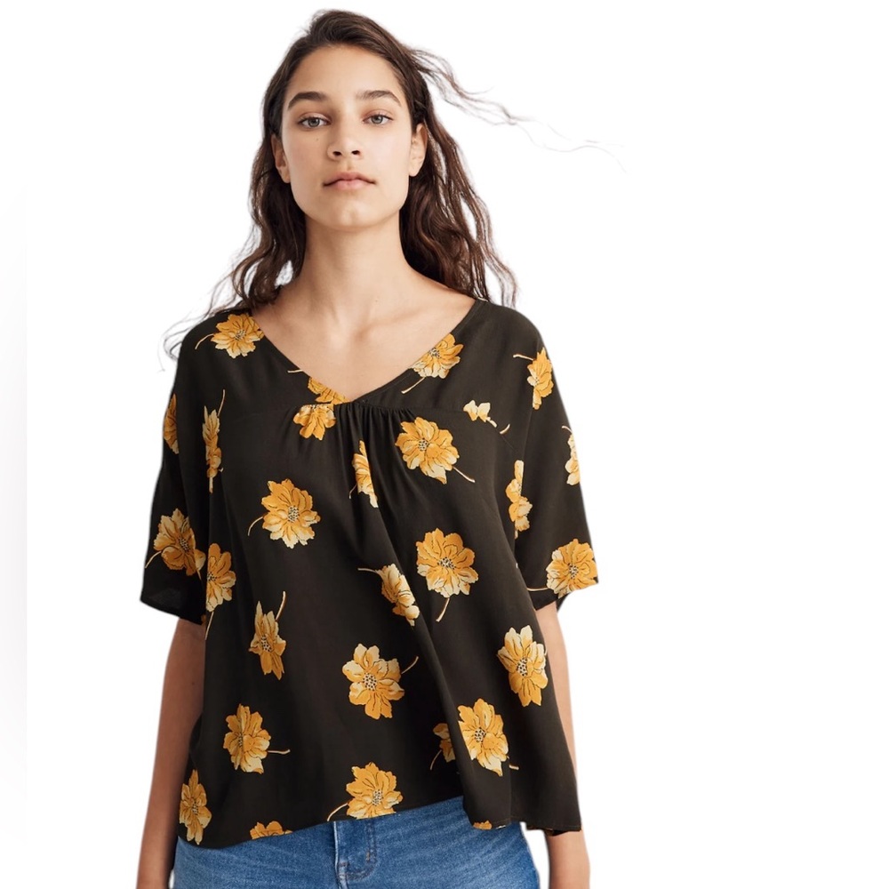 MADEWELL RHYME CROP TOP FALL COLORS Floral Black Yellow SHORT SLEEVE BLOUSE XXS